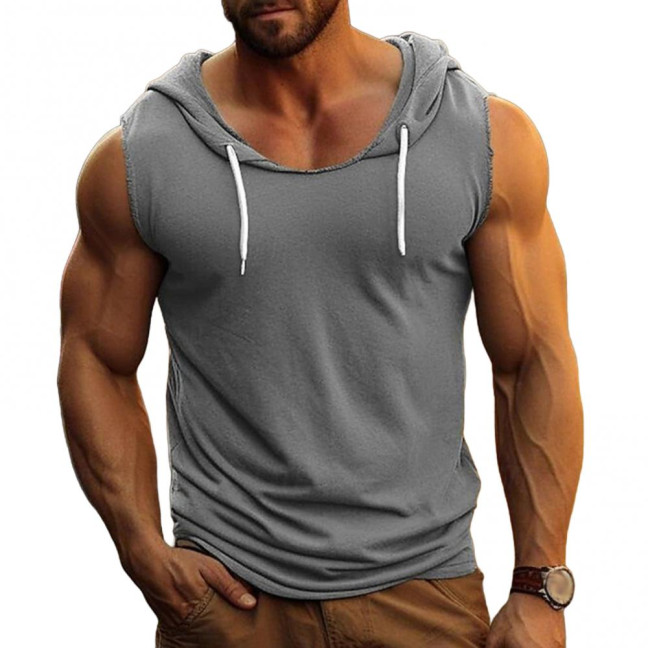 Men's Hooded Tank Top Solid Color Sleeveless T-shirt Fitness Singlet Bodybuilding Vest Muscle Tee for Sports Gym Daily Wear