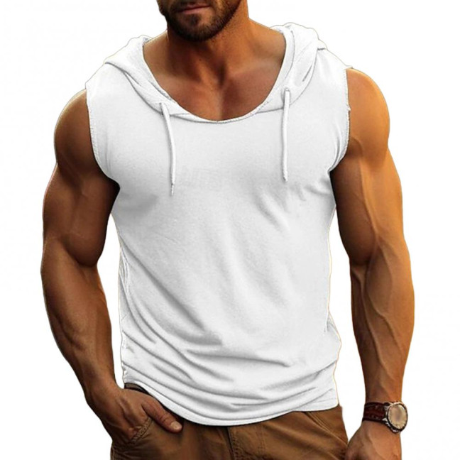Men's Hooded Tank Top Solid Color Sleeveless T-shirt Fitness Singlet Bodybuilding Vest Muscle Tee for Sports Gym Daily Wear