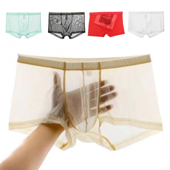 Men Boxer Underwear Summer Ultra Thin Perspective Mesh Yarn Shorts Briefs Mid-rise U-Convex Sexy Panties