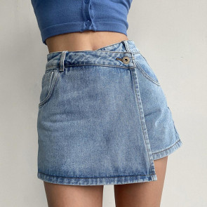 Women High-Waist Denim Shorts Retro Design Slim Fit Solid Color Fake Two Piece Skort Formal Casual Wear