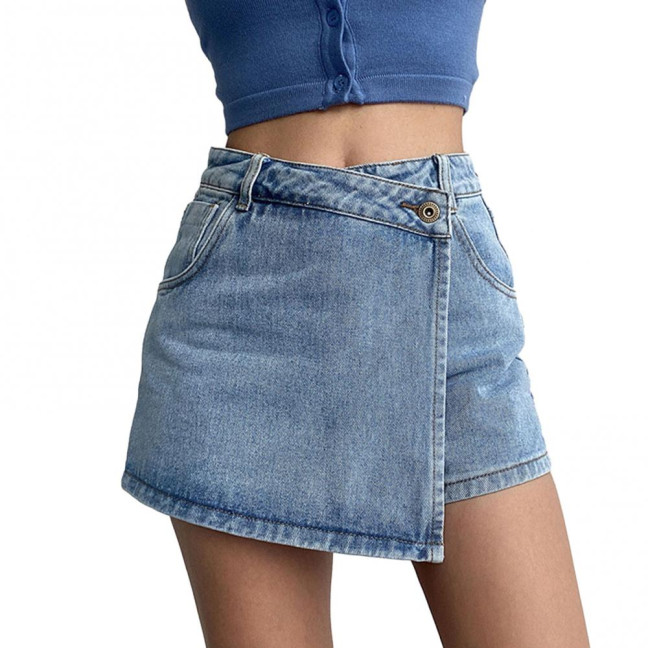 Women High-Waist Denim Shorts Retro Design Slim Fit Solid Color Fake Two Piece Skort Formal Casual Wear