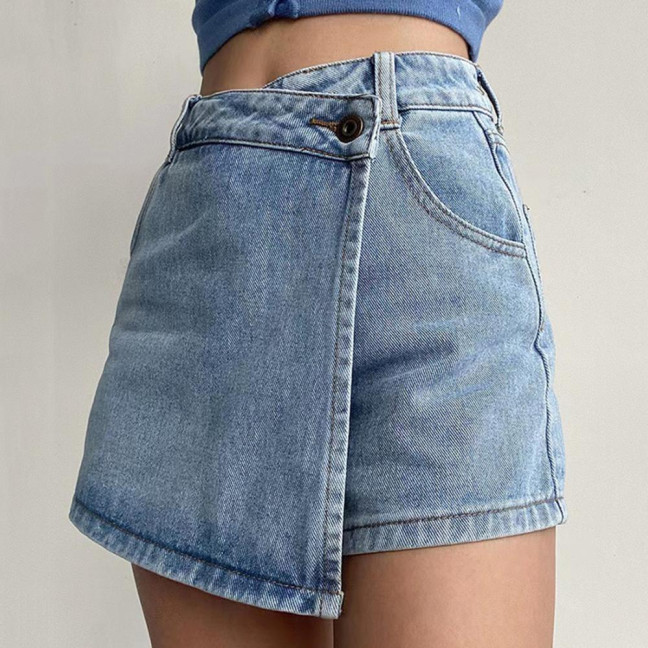 Women High-Waist Denim Shorts Retro Design Slim Fit Solid Color Fake Two Piece Skort Formal Casual Wear