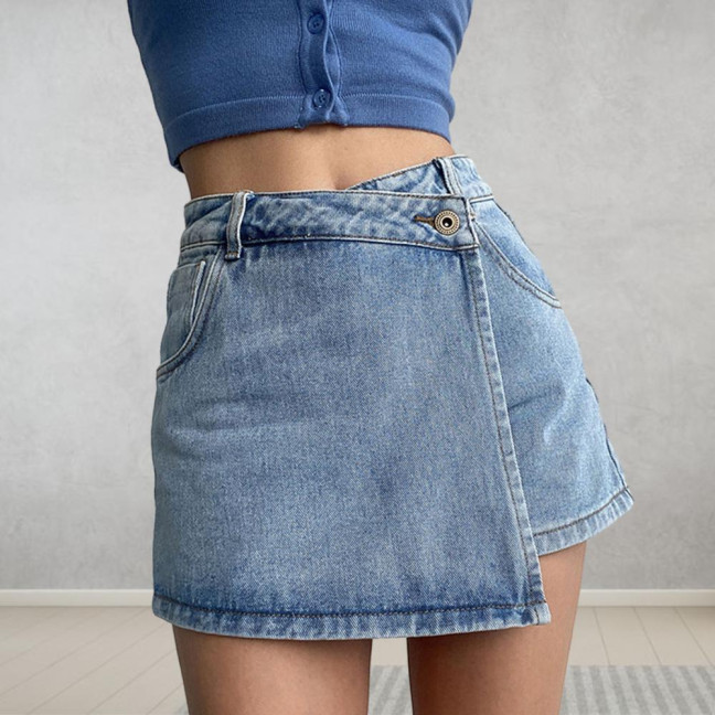 Women High-Waist Denim Shorts Retro Design Slim Fit Solid Color Fake Two Piece Skort Formal Casual Wear