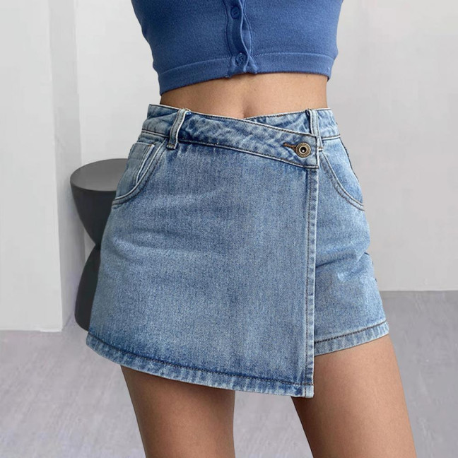 Women High-Waist Denim Shorts Retro Design Slim Fit Solid Color Fake Two Piece Skort Formal Casual Wear