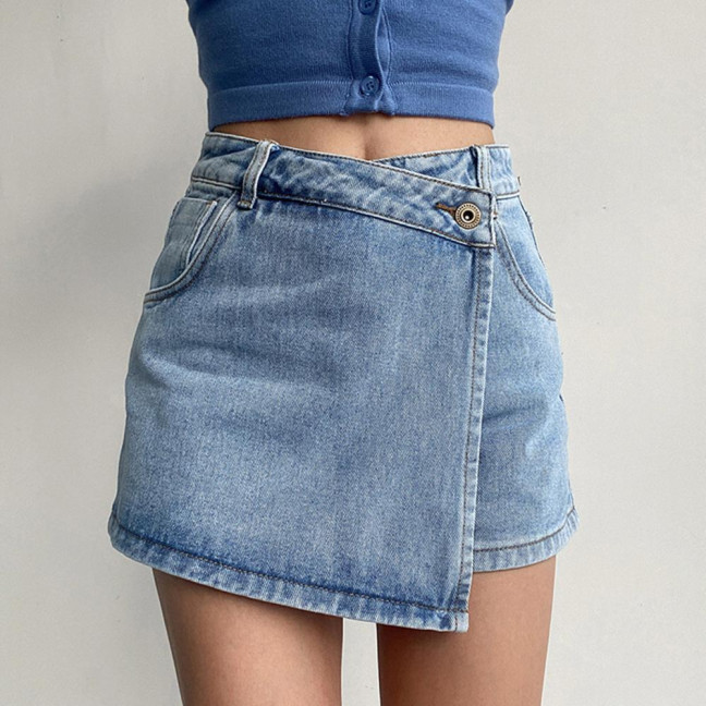 Women High-Waist Denim Shorts Retro Design Slim Fit Solid Color Fake Two Piece Skort Formal Casual Wear