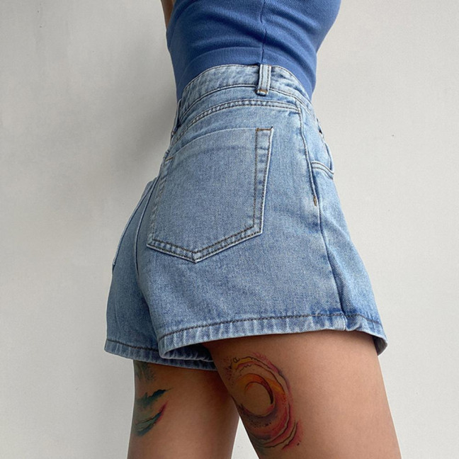 Women High-Waist Denim Shorts Retro Design Slim Fit Solid Color Fake Two Piece Skort Formal Casual Wear