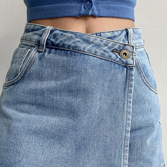 Women High-Waist Denim Shorts Retro Design Slim Fit Solid Color Fake Two Piece Skort Formal Casual Wear