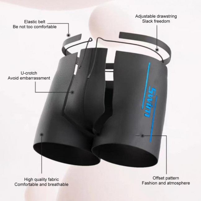 Men's Elastic Swim Trunks Quick-Dry Anti-Embarrassment Beach Shorts U-Shaped Crotch Drawstring Waist Boxer Shorts for Water Sports Surfing