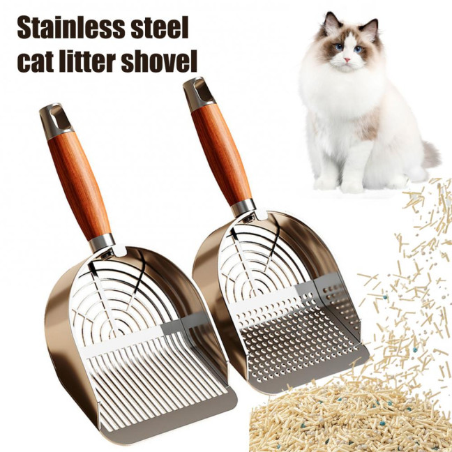 Metal Cat Litter Scoop with Holder Pet Poop Scooper with Ergonomic Wood Handle Fast Sifting Shovel Cat Supplies