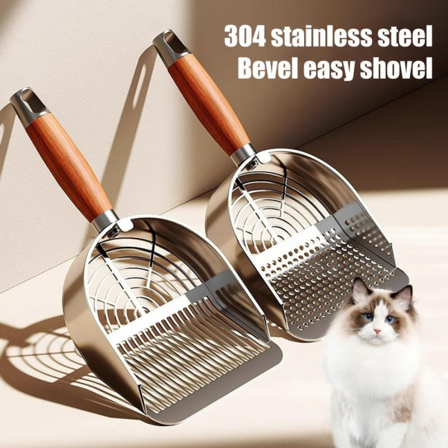 Metal Cat Litter Scoop with Holder Pet Poop Scooper with Ergonomic Wood Handle Fast Sifting Shovel Cat Supplies