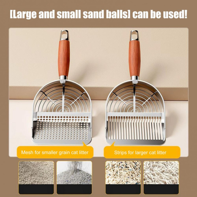 Metal Cat Litter Scoop with Holder Pet Poop Scooper with Ergonomic Wood Handle Fast Sifting Shovel Cat Supplies
