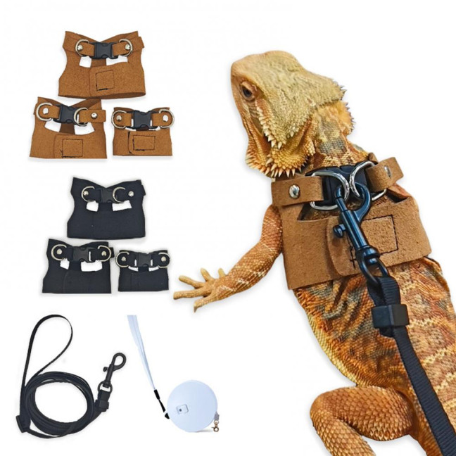 Bearded Dragon Harness And Leash Set Faux Leather Reptile Lizard Harness with Retractable Leash Small Animal Traction Rope Walking Vest Accessories for Amphibians