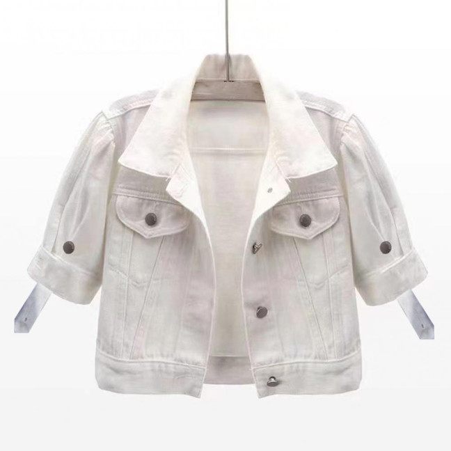 Women's Cropped Denim Jacket Short Sleeve Jean Jacket Lapel Button Down Trucker Coat Summer Casual White Thin Top