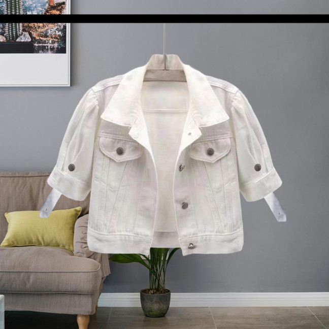 Women's Cropped Denim Jacket Short Sleeve Jean Jacket Lapel Button Down Trucker Coat Summer Casual White Thin Top