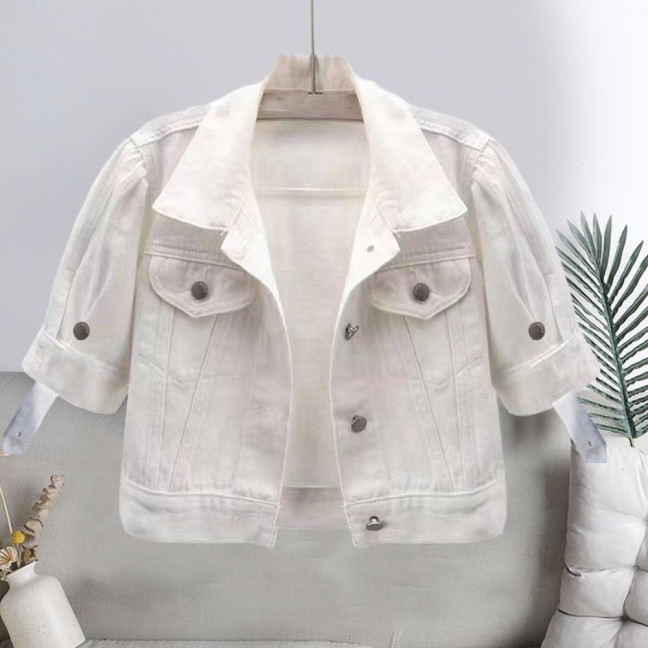 Women's Cropped Denim Jacket Short Sleeve Jean Jacket Lapel Button Down Trucker Coat Summer Casual White Thin Top