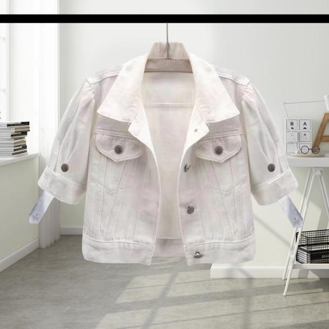 Women's Cropped Denim Jacket Short Sleeve Jean Jacket Lapel Button Down Trucker Coat Summer Casual White Thin Top