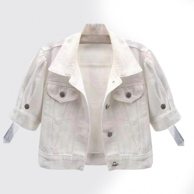 Women's Cropped Denim Jacket Short Sleeve Jean Jacket Lapel Button Down Trucker Coat Summer Casual White Thin Top