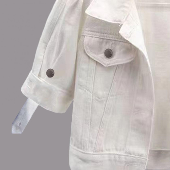 Women's Cropped Denim Jacket Short Sleeve Jean Jacket Lapel Button Down Trucker Coat Summer Casual White Thin Top