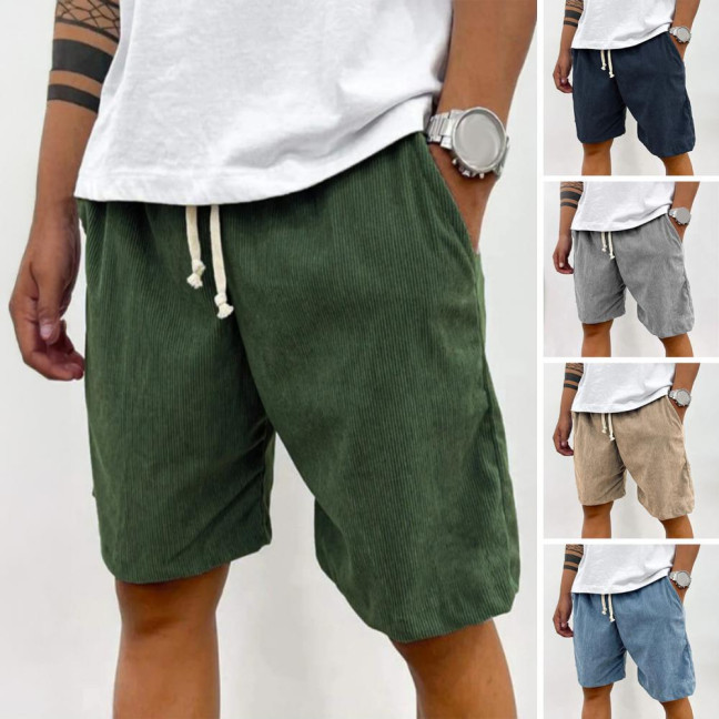 Men's Retro Corduroy Shorts Casual Drawstring Waist Shorts Solid Color Streetwear Shorts for Work Fitness Beach Vacation 