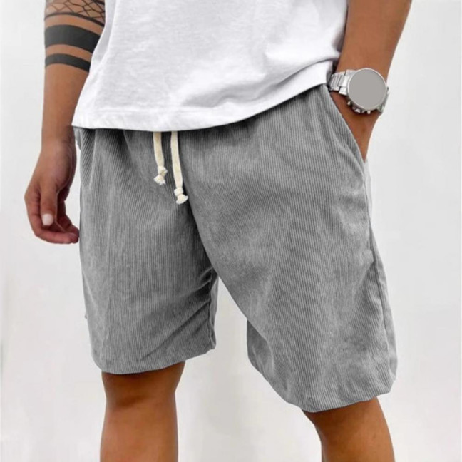 Men's Retro Corduroy Shorts Casual Drawstring Waist Shorts Solid Color Streetwear Shorts for Work Fitness Beach Vacation 