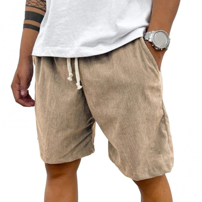 Men's Retro Corduroy Shorts Casual Drawstring Waist Shorts Solid Color Streetwear Shorts for Work Fitness Beach Vacation 