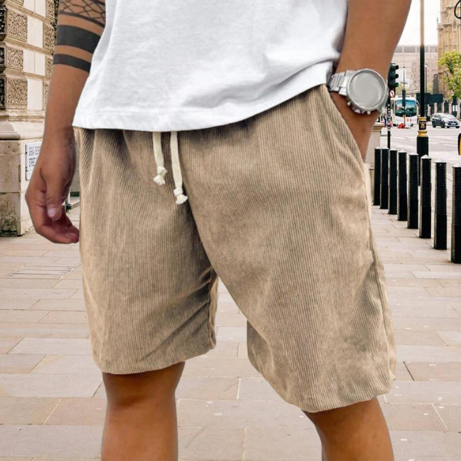 Men's Retro Corduroy Shorts Casual Drawstring Waist Shorts Solid Color Streetwear Shorts for Work Fitness Beach Vacation 