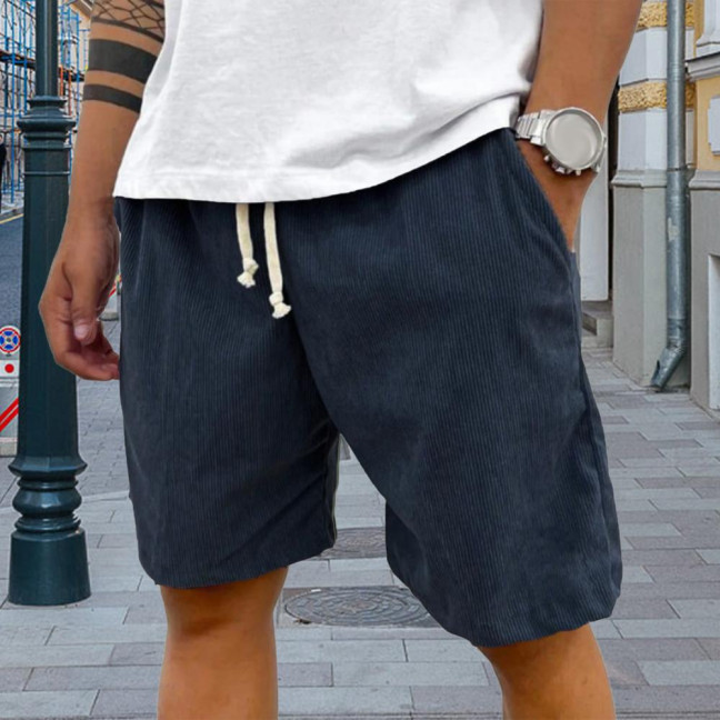 Men's Retro Corduroy Shorts Casual Drawstring Waist Shorts Solid Color Streetwear Shorts for Work Fitness Beach Vacation 