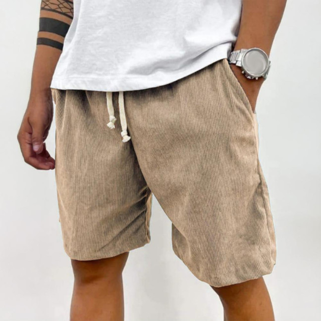 Men's Retro Corduroy Shorts Casual Drawstring Waist Shorts Solid Color Streetwear Shorts for Work Fitness Beach Vacation 