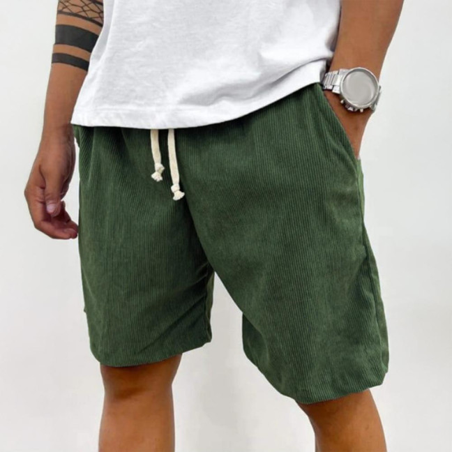 Men's Retro Corduroy Shorts Casual Drawstring Waist Shorts Solid Color Streetwear Shorts for Work Fitness Beach Vacation 