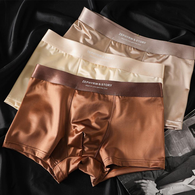 Men Boxer Underwear High Elasticity Breathable 3D Cut U-Convex Smooth Ice Silk Satin Shorts Panties Solid Color Seamless Panties