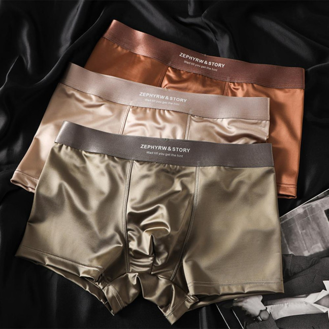 Men Boxer Underwear High Elasticity Breathable 3D Cut U-Convex Smooth Ice Silk Satin Shorts Panties Solid Color Seamless Panties