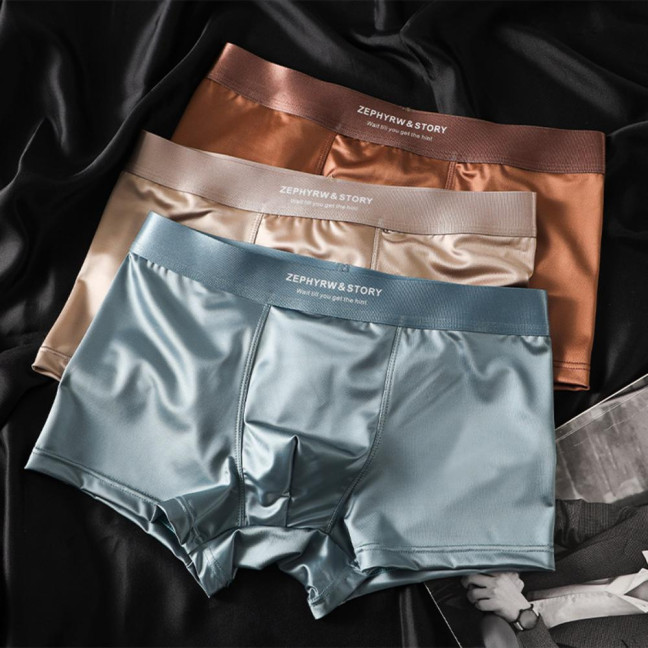Men Boxer Underwear High Elasticity Breathable 3D Cut U-Convex Smooth Ice Silk Satin Shorts Panties Solid Color Seamless Panties