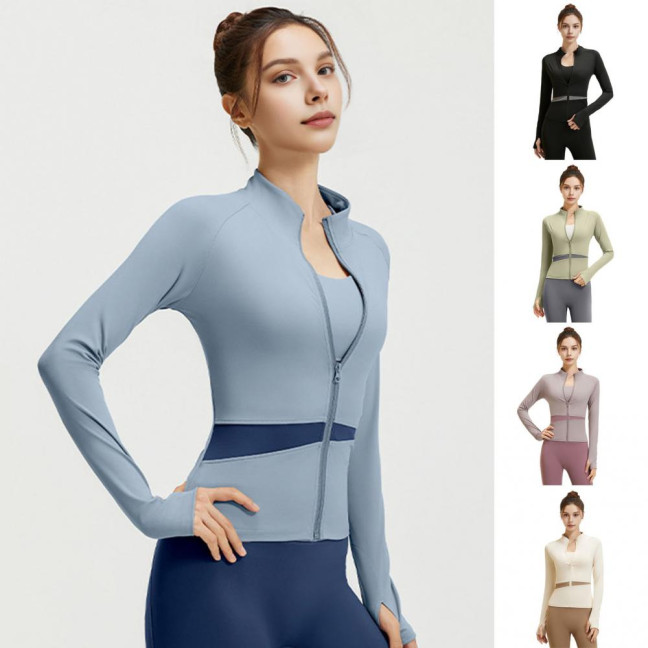 Women's Workout Jacket Full Zip Up Cropped Yoga Jacket Long Sleeve Slim Fit Athletic Top Running Track Sportwear for Fitness