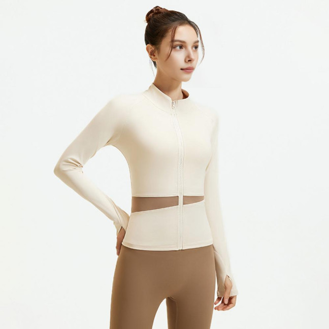 Women's Workout Jacket Full Zip Up Cropped Yoga Jacket Long Sleeve Slim Fit Athletic Top Running Track Sportwear for Fitness