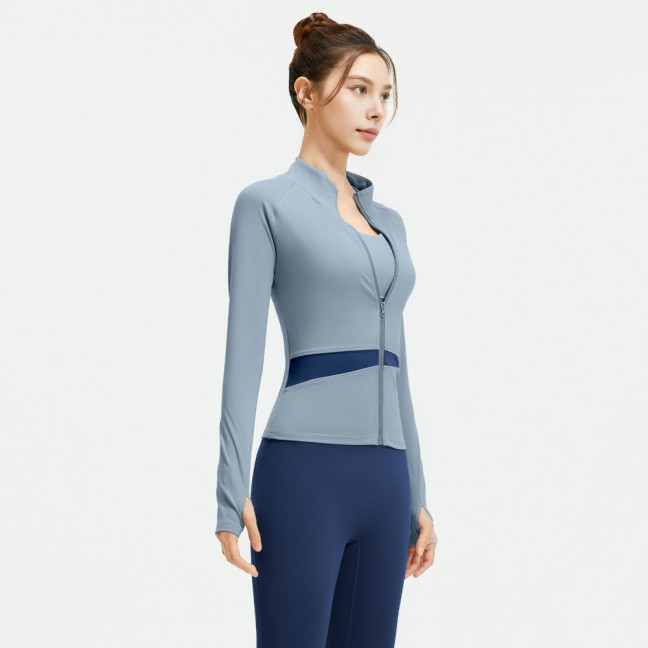 Women's Workout Jacket Full Zip Up Cropped Yoga Jacket Long Sleeve Slim Fit Athletic Top Running Track Sportwear for Fitness