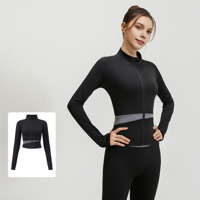 Women's Workout Jacket Full Zip Up Cropped Yoga Jacket Long Sleeve Slim Fit Athletic Top Running Track Sportwear for Fitness