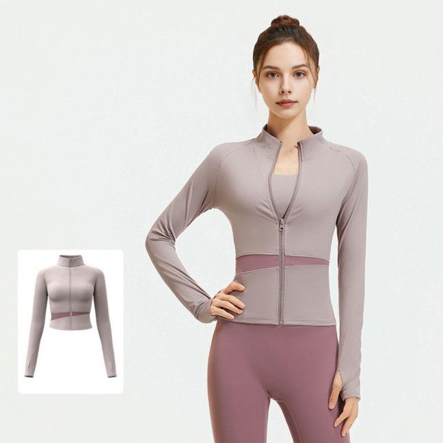 Women's Workout Jacket Full Zip Up Cropped Yoga Jacket Long Sleeve Slim Fit Athletic Top Running Track Sportwear for Fitness