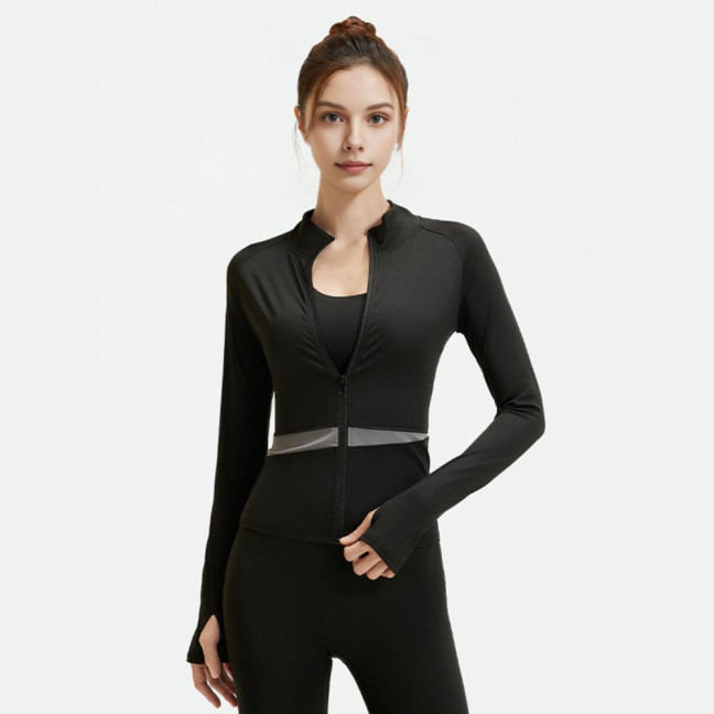 Women's Workout Jacket Full Zip Up Cropped Yoga Jacket Long Sleeve Slim Fit Athletic Top Running Track Sportwear for Fitness