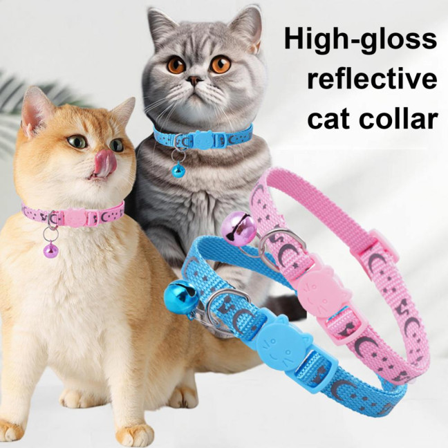 Cat Collar Adjustable Pet Collar with Bell And Safety Release Buckle Star Moon Print Breakaway Nylon Collar for Kitten Cats Cat Collar Adjustable Pet Collar with Bell And Safety Release Buckle Star Moon Print Breakaway Nylon Collar for Kitten Cats