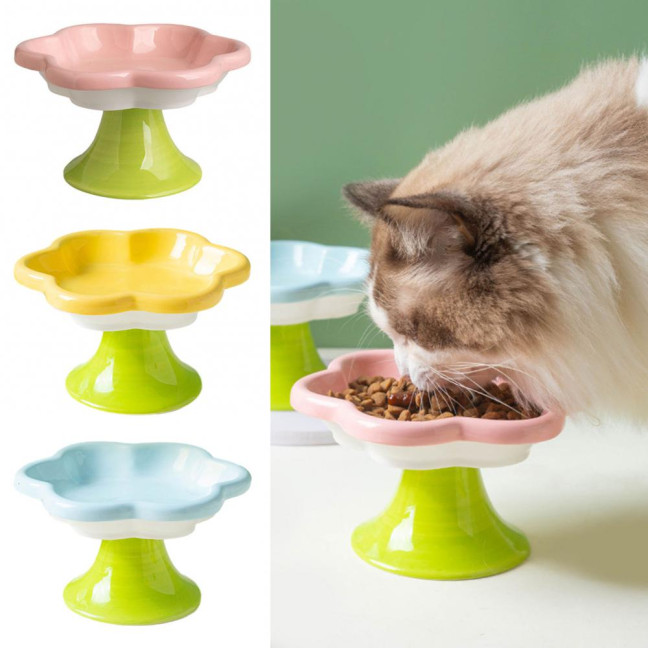 Ceramic Raised Cat Bowls Flower Design Elevated Cat Food Water Bowl Small Cat Feeding Dish for Cats Small Dogs