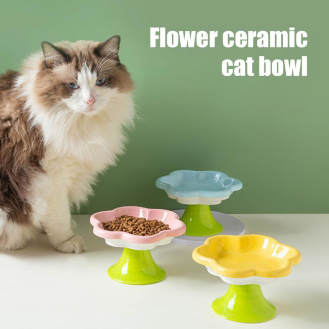 Ceramic Raised Cat Bowls Flower Design Elevated Cat Food Water Bowl Small Cat Feeding Dish for Cats Small Dogs