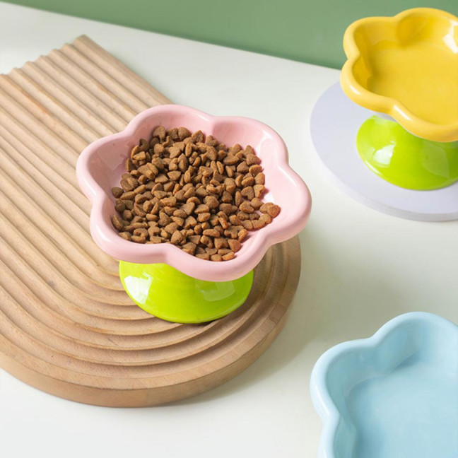 Ceramic Raised Cat Bowls Flower Design Elevated Cat Food Water Bowl Small Cat Feeding Dish for Cats Small Dogs