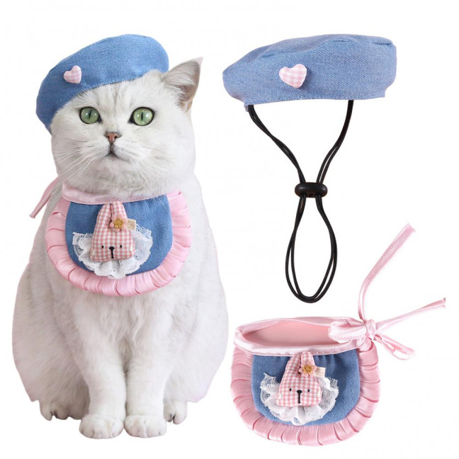 Cartoon Pet Costume Small Dog Beret Hat with Adjustable Straps Denim Pet Bandana Dress-up Accessories for Small Medium Dogs Cats