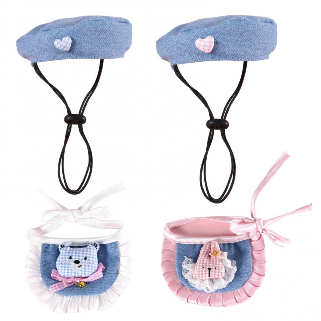 Cartoon Pet Costume Small Dog Beret Hat with Adjustable Straps Denim Pet Bandana Dress-up Accessories for Small Medium Dogs Cats