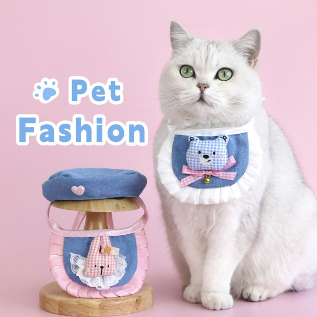 Cartoon Pet Costume Small Dog Beret Hat with Adjustable Straps Denim Pet Bandana Dress-up Accessories for Small Medium Dogs Cats