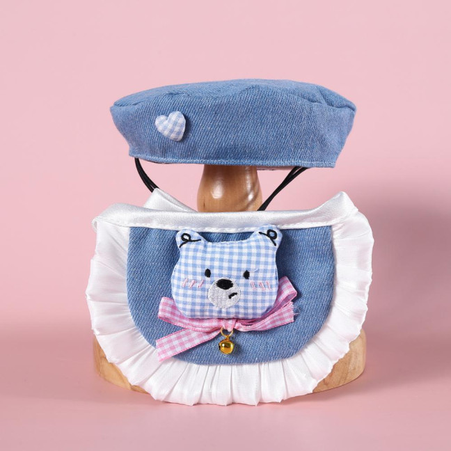 Cartoon Pet Costume Small Dog Beret Hat with Adjustable Straps Denim Pet Bandana Dress-up Accessories for Small Medium Dogs Cats