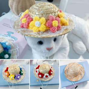 Pet Sombrero Straw Hat Mini Dog Sun Protection Hat with Flower Adjustable Hawaii Sun Bucket Cap Summer Beach Hat for Small Medium Dogs Cats