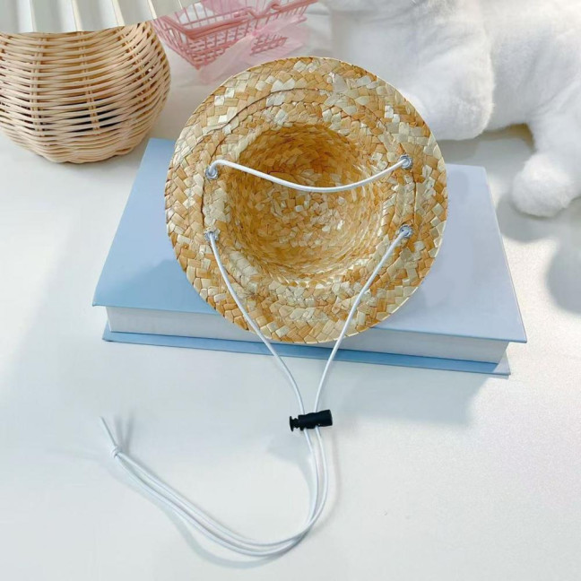 Pet Sombrero Straw Hat Mini Dog Sun Protection Hat with Flower Adjustable Hawaii Sun Bucket Cap Summer Beach Hat for Small Medium Dogs Cats