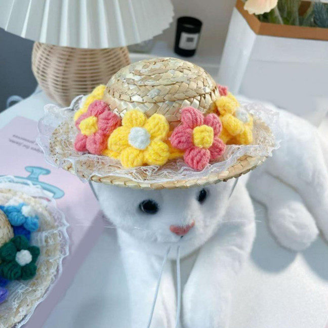 Pet Sombrero Straw Hat Mini Dog Sun Protection Hat with Flower Adjustable Hawaii Sun Bucket Cap Summer Beach Hat for Small Medium Dogs Cats