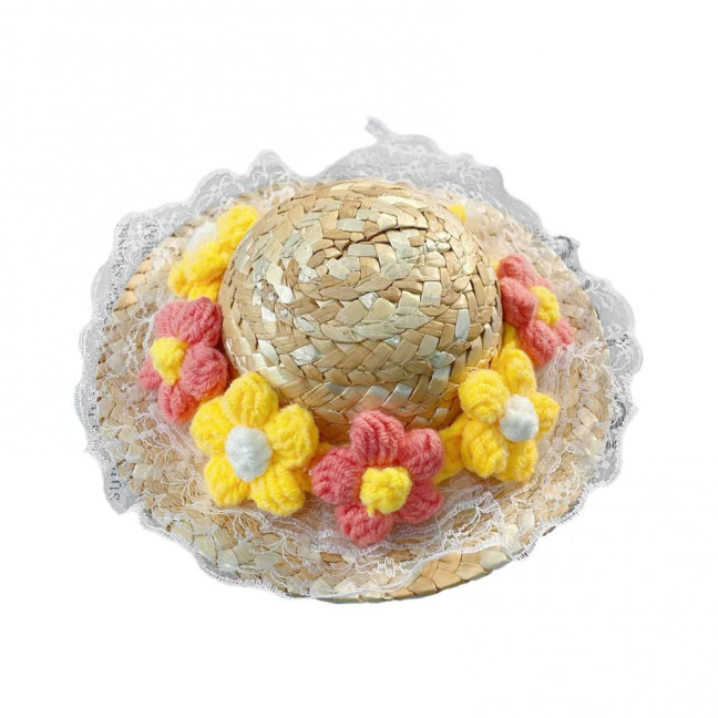 Pet Sombrero Straw Hat Mini Dog Sun Protection Hat with Flower Adjustable Hawaii Sun Bucket Cap Summer Beach Hat for Small Medium Dogs Cats